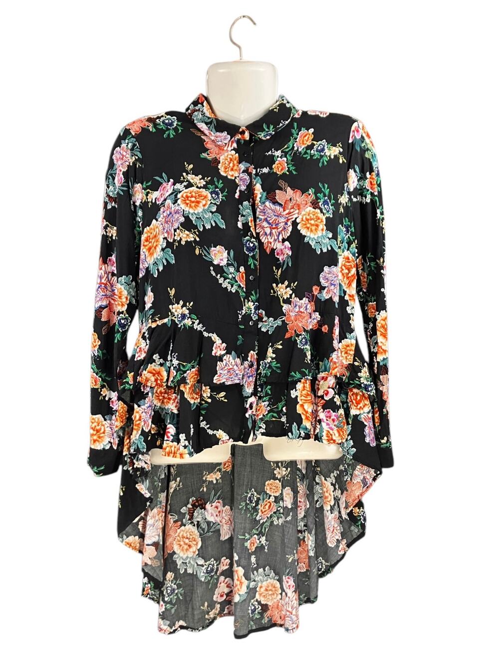 For The Republic Women's Black W/ Floral Hi/Low Hem Long Slv Button Front Top L